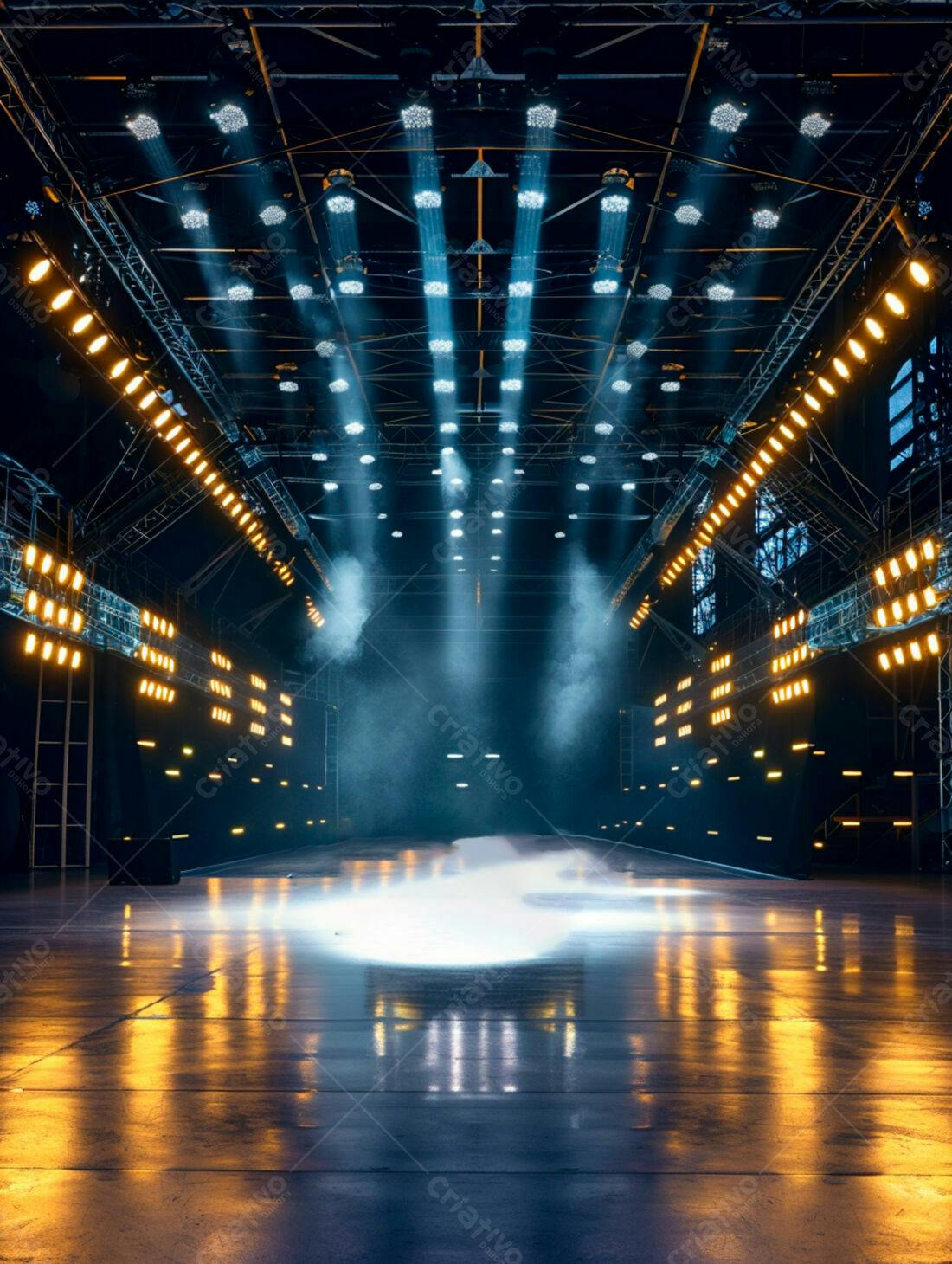 Palco iluminado com luzes azuis e amarelas