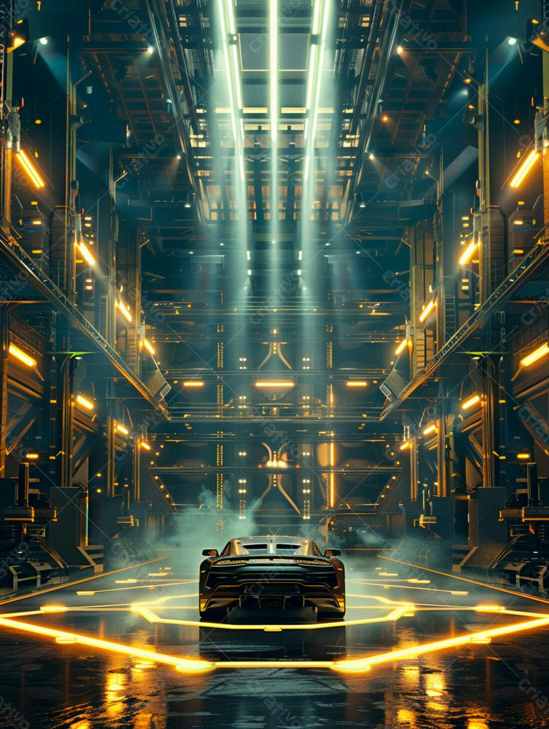 Supercarro preto em hangar futurista