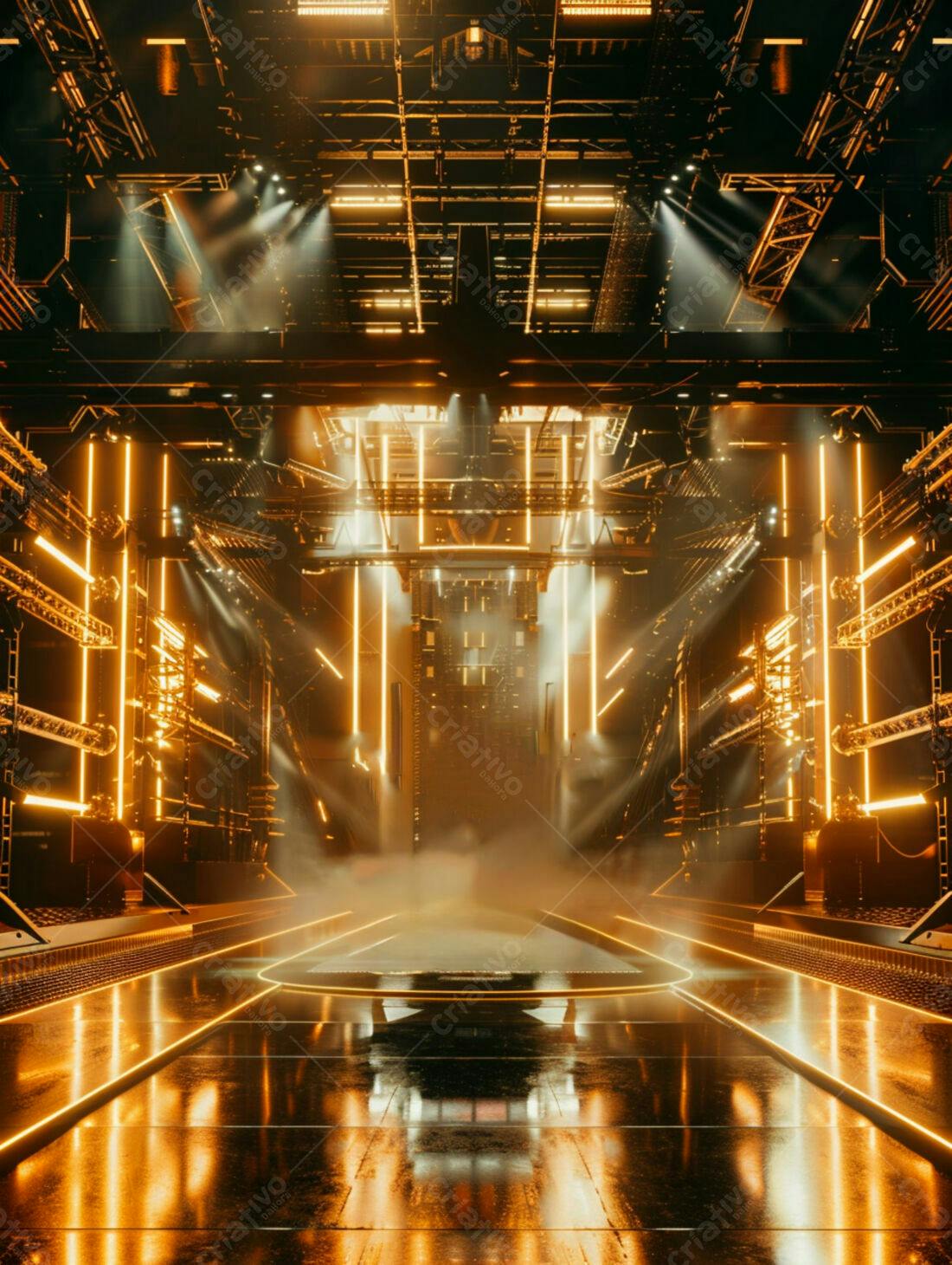 Palco futurista com iluminação dourada