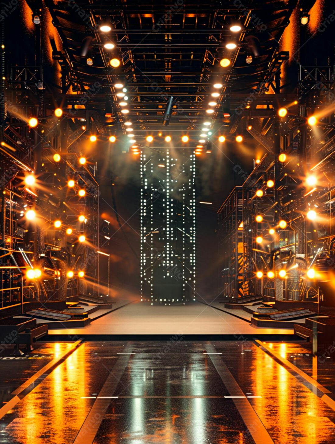 Palco futurista com iluminação laranja e negra