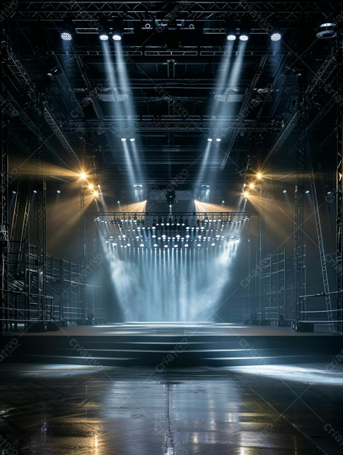 Palco iluminado com holofotes em galpão