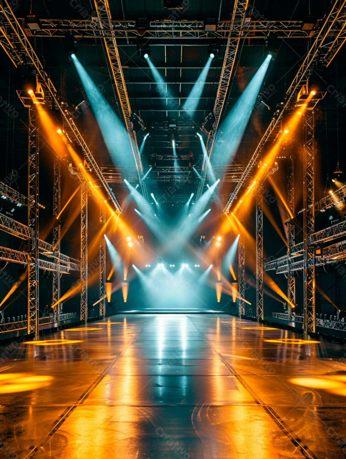 Palco iluminado com luzes azuis e amarelas