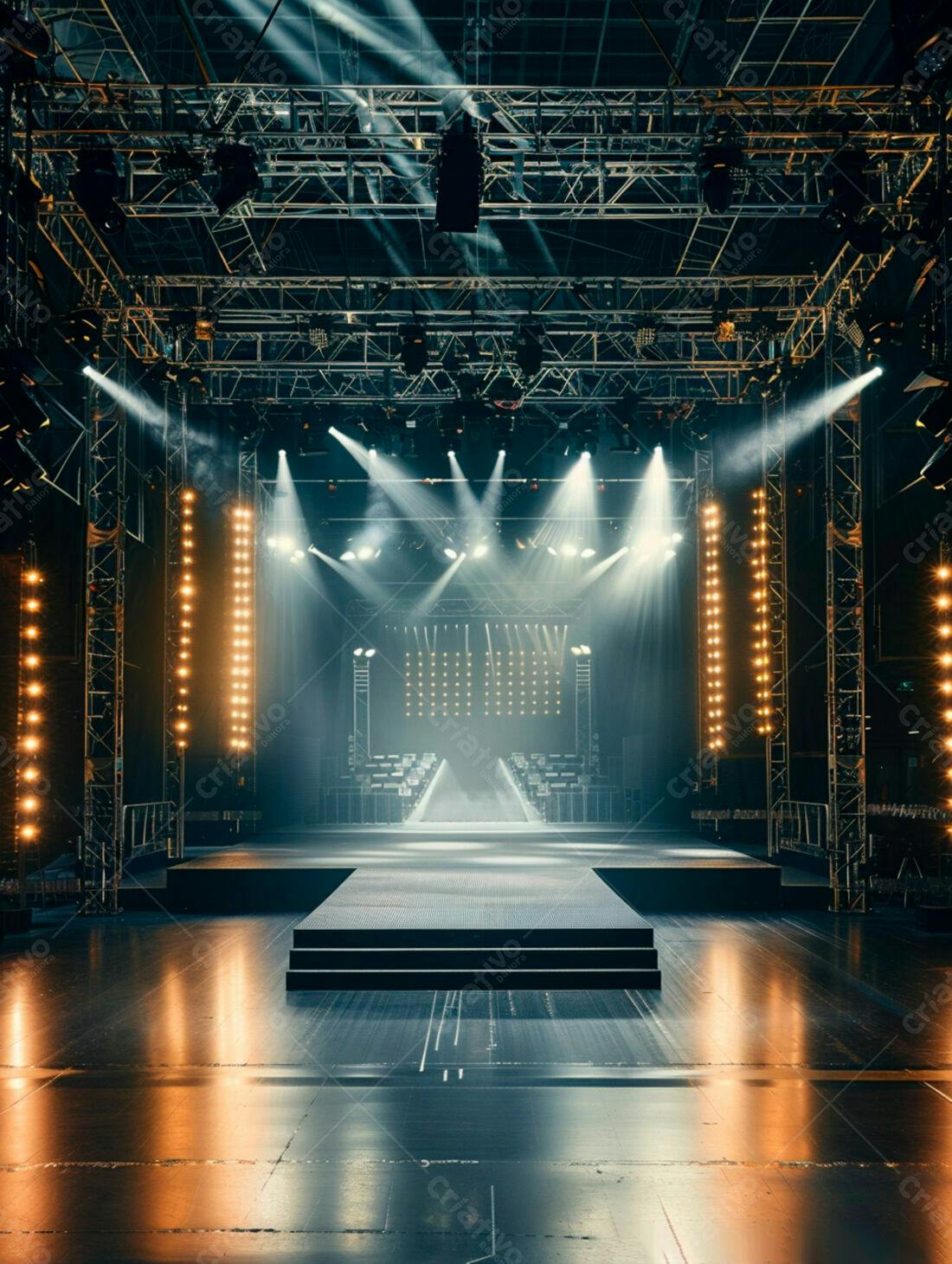 Palco de show iluminado com estrutura metálica