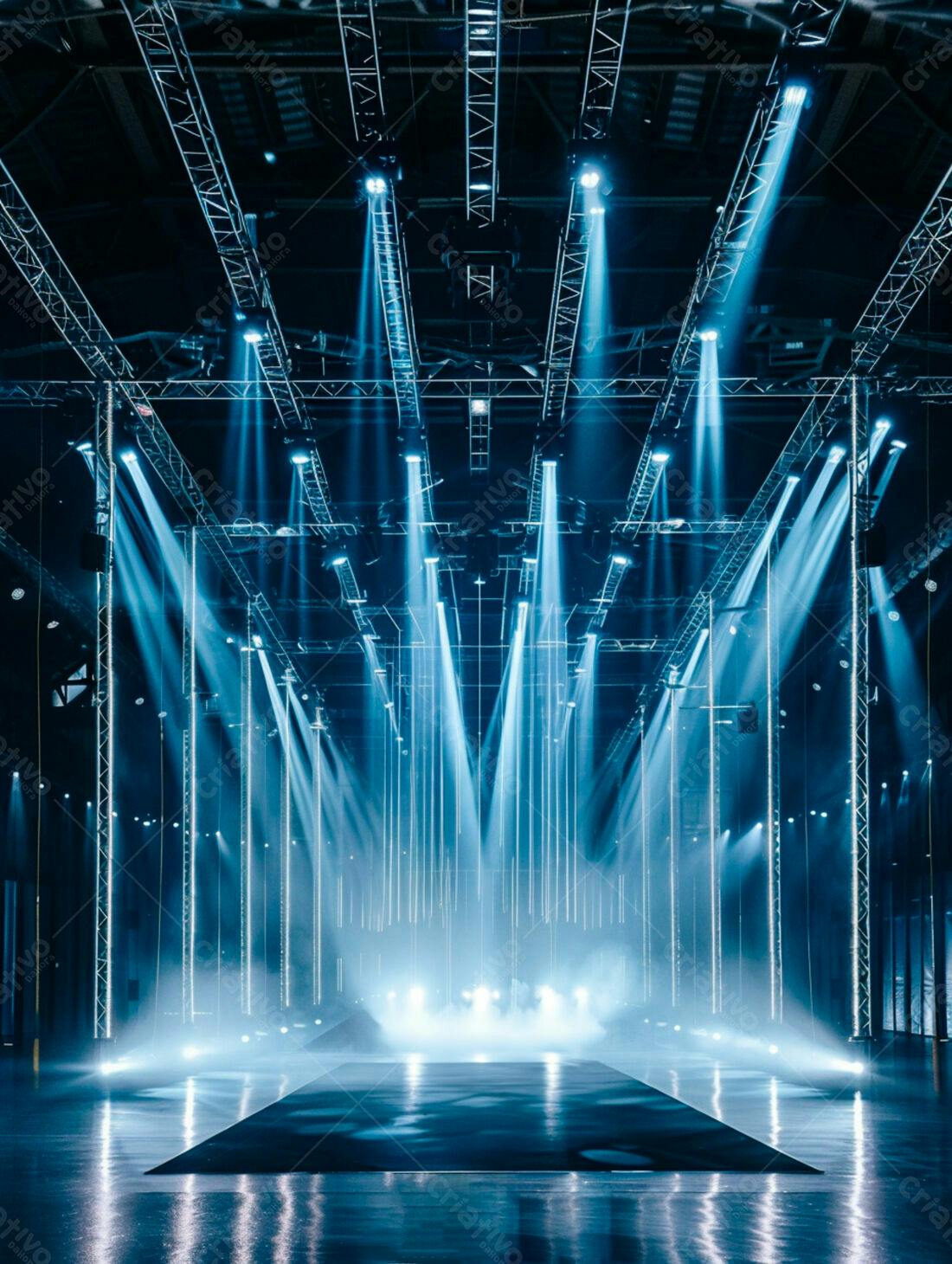 Palco iluminado com luzes azuis em evento