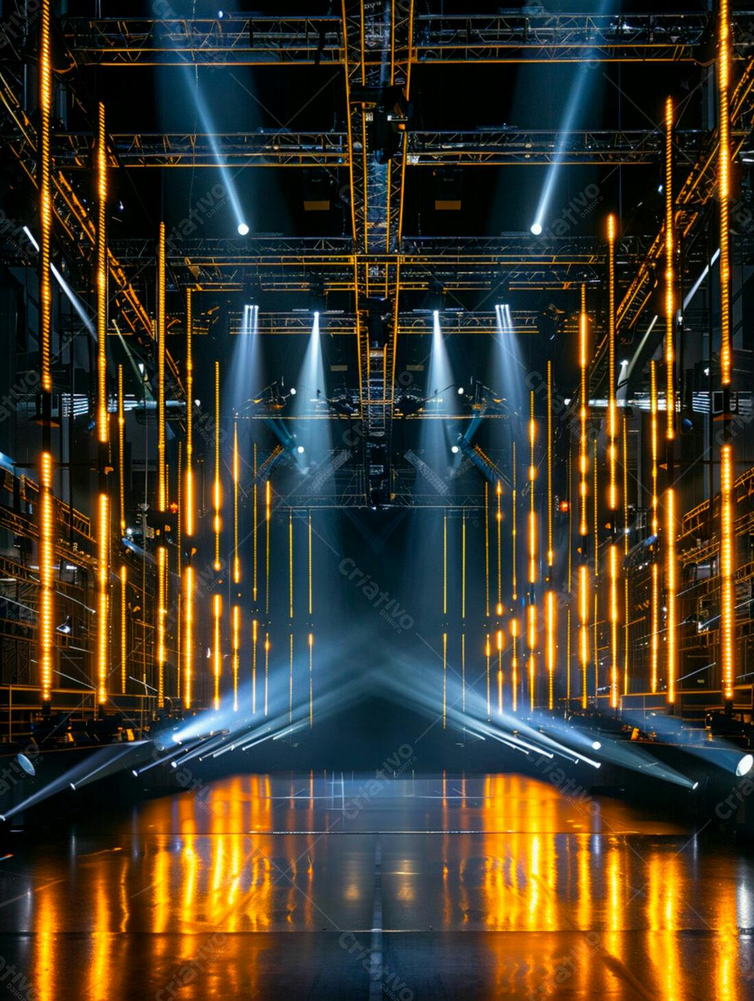 Palco iluminado com luzes amarelas e azuis