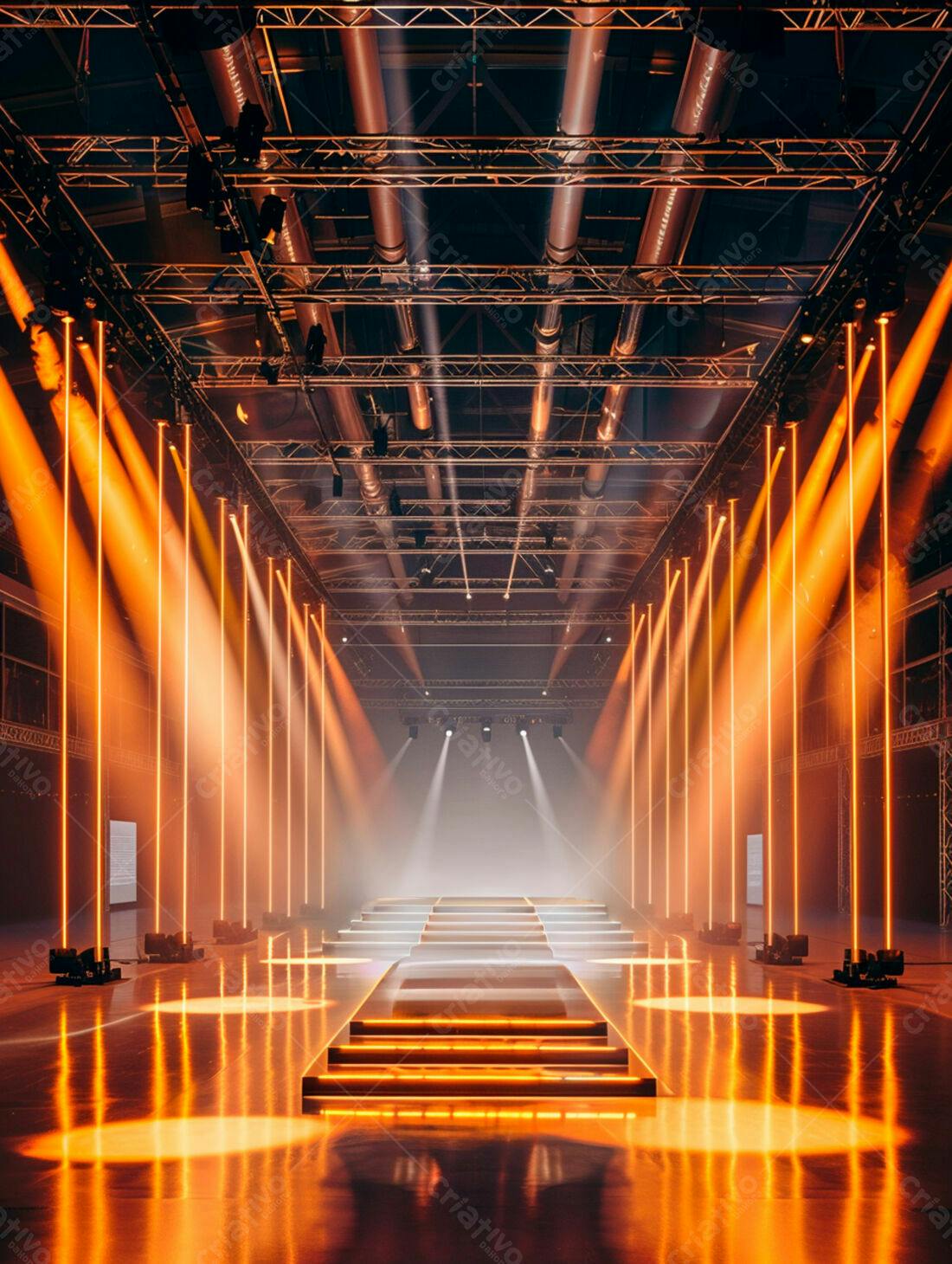 Palco iluminado com luzes laranja para evento