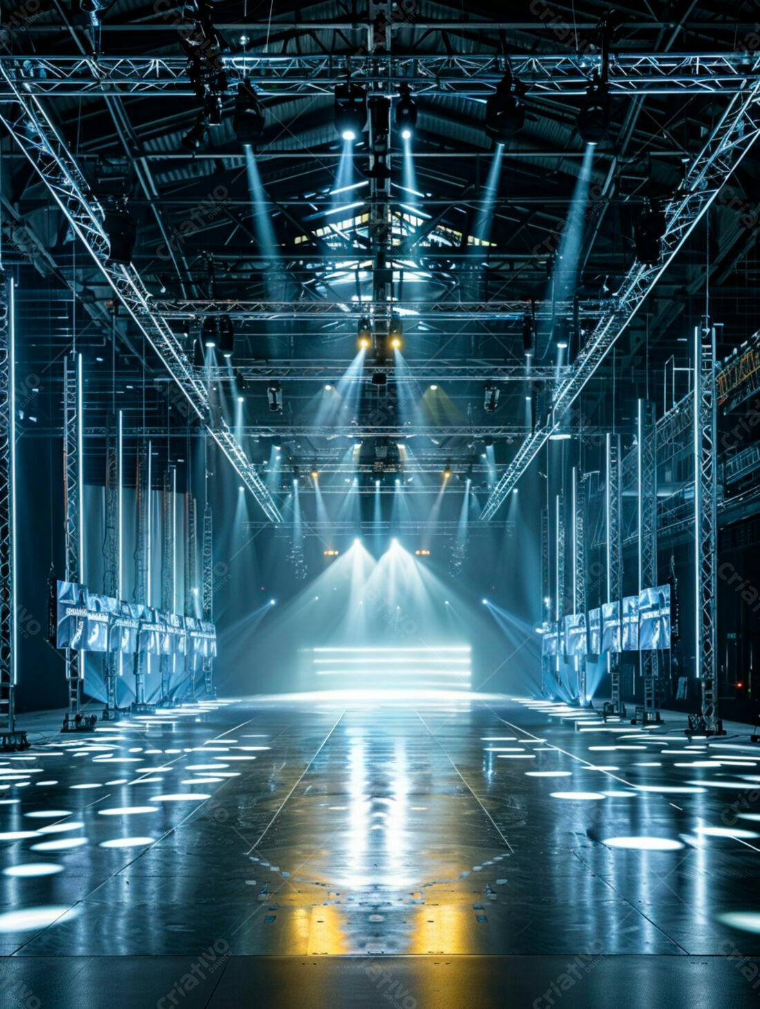 Passarela de Moda Iluminada em Galpão Industrial