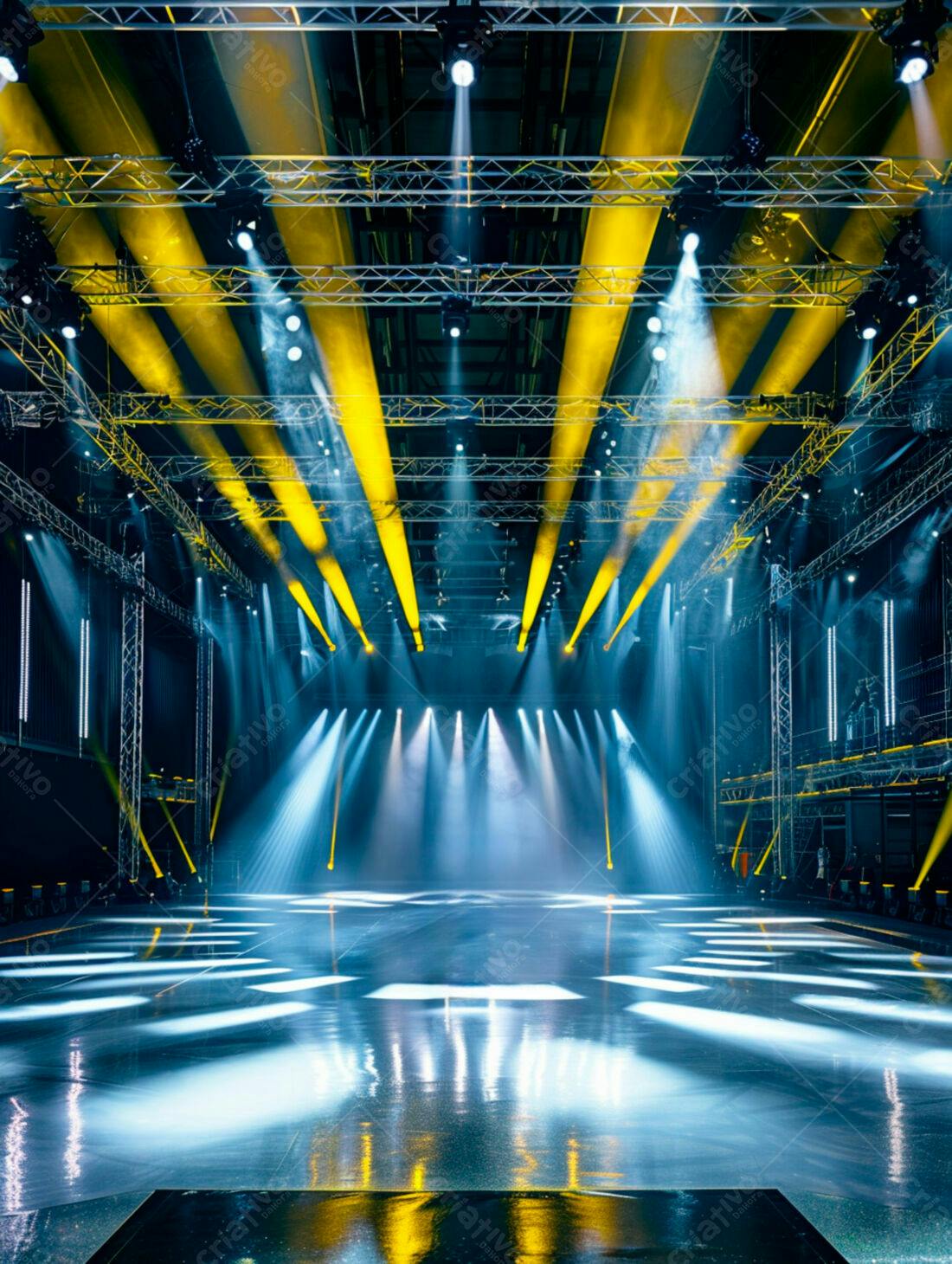 Palco iluminado com luzes azuis e amarelas