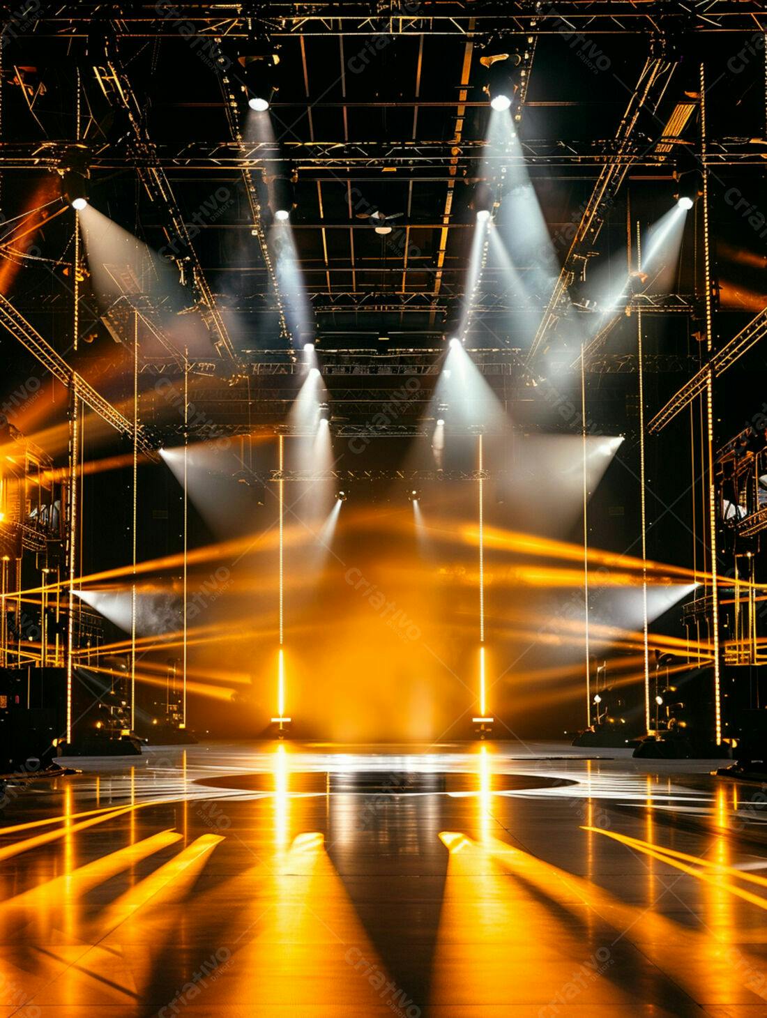 Palco iluminado com luzes amarelas e brancas