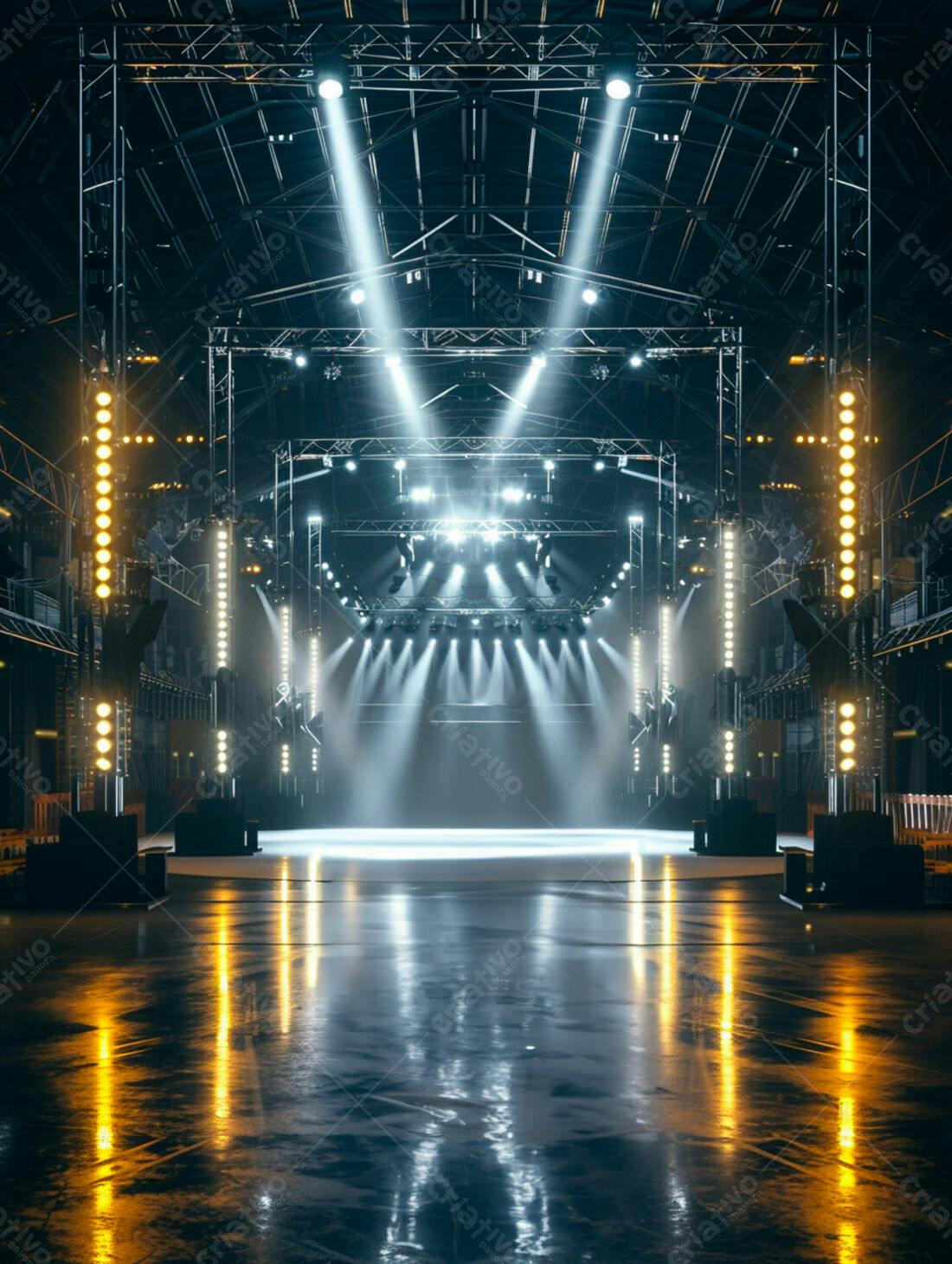 Palco iluminado em galpão industrial