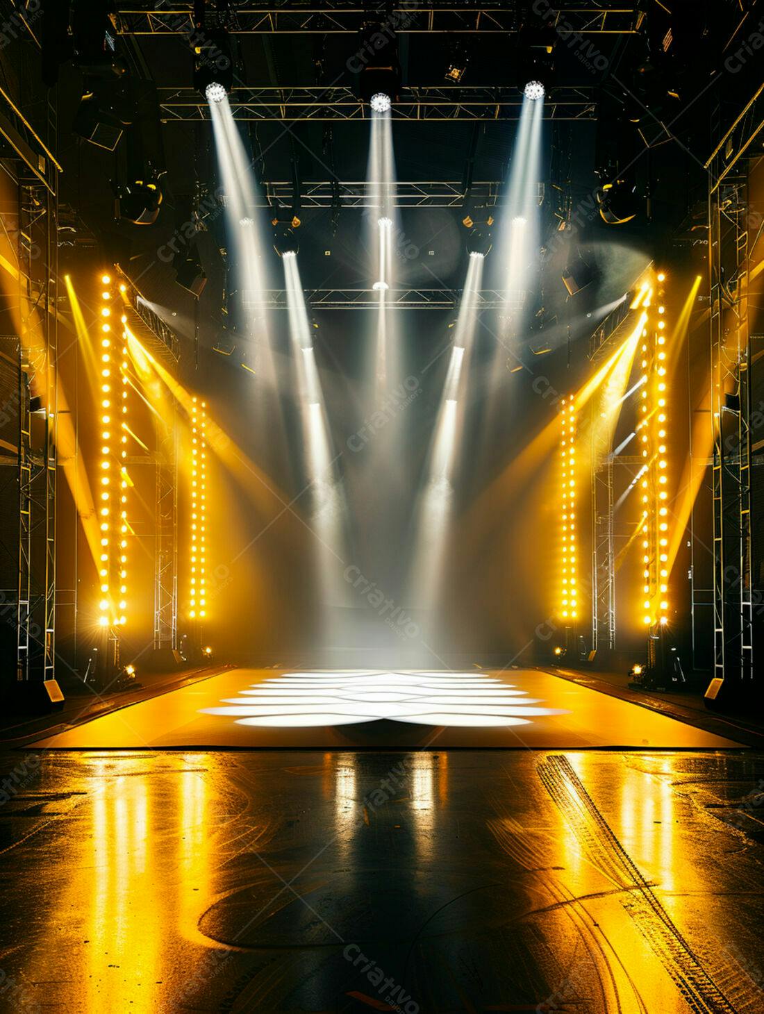 Palco iluminado com luzes amarelas e brancas