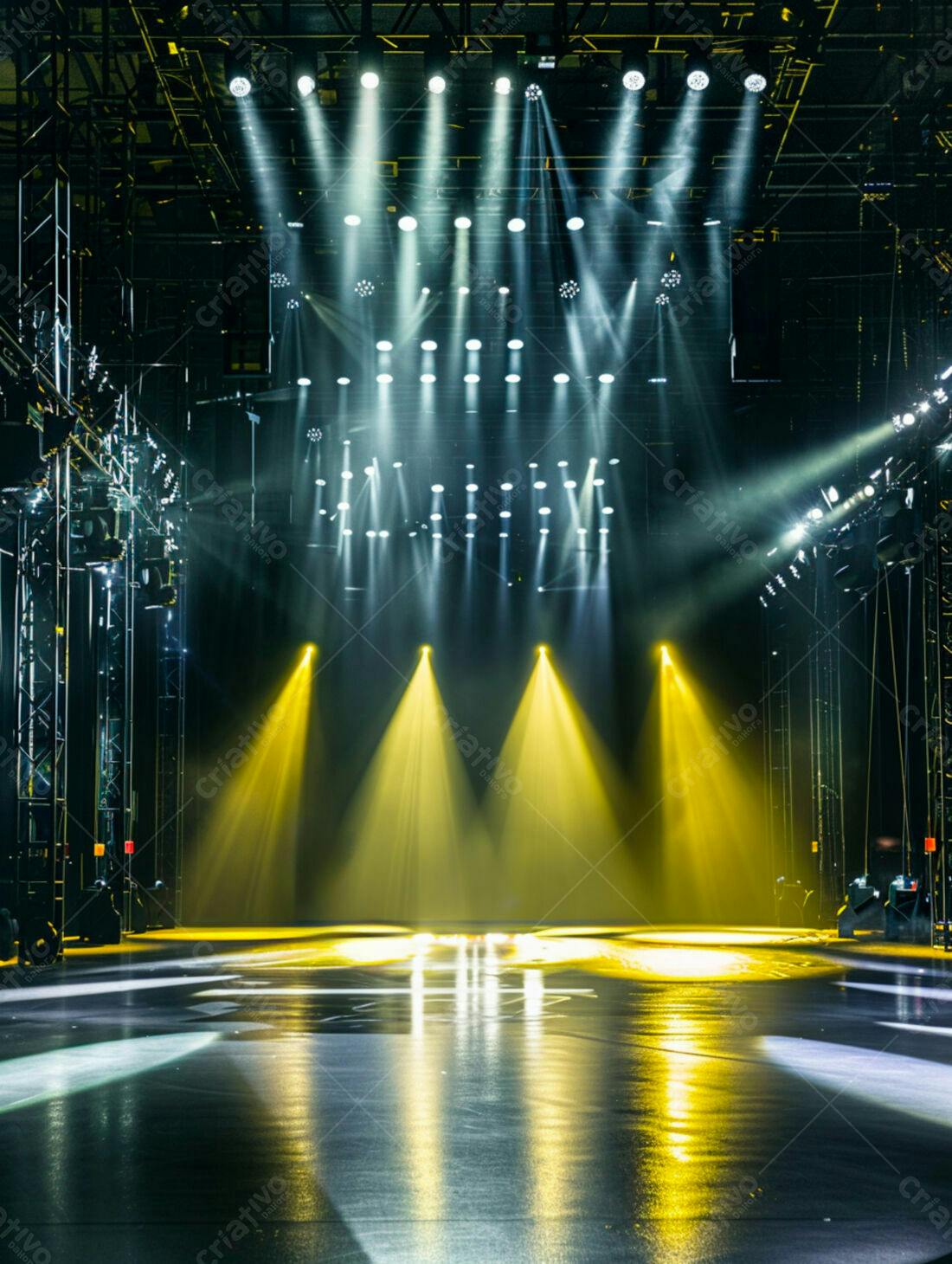 Palco iluminado com luzes amarelas e brancas
