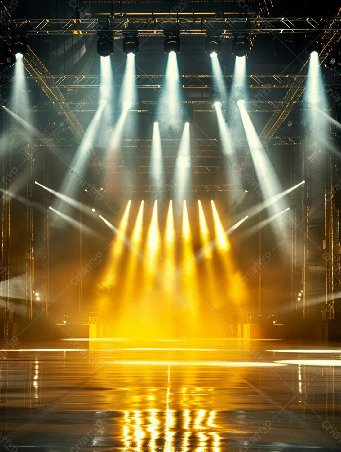 Palco iluminado com luzes amarelas e brancas