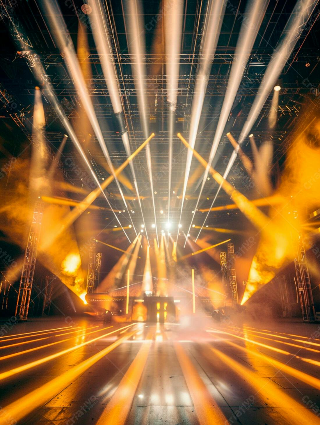 Palco iluminado com efeitos de luz laranja e branca