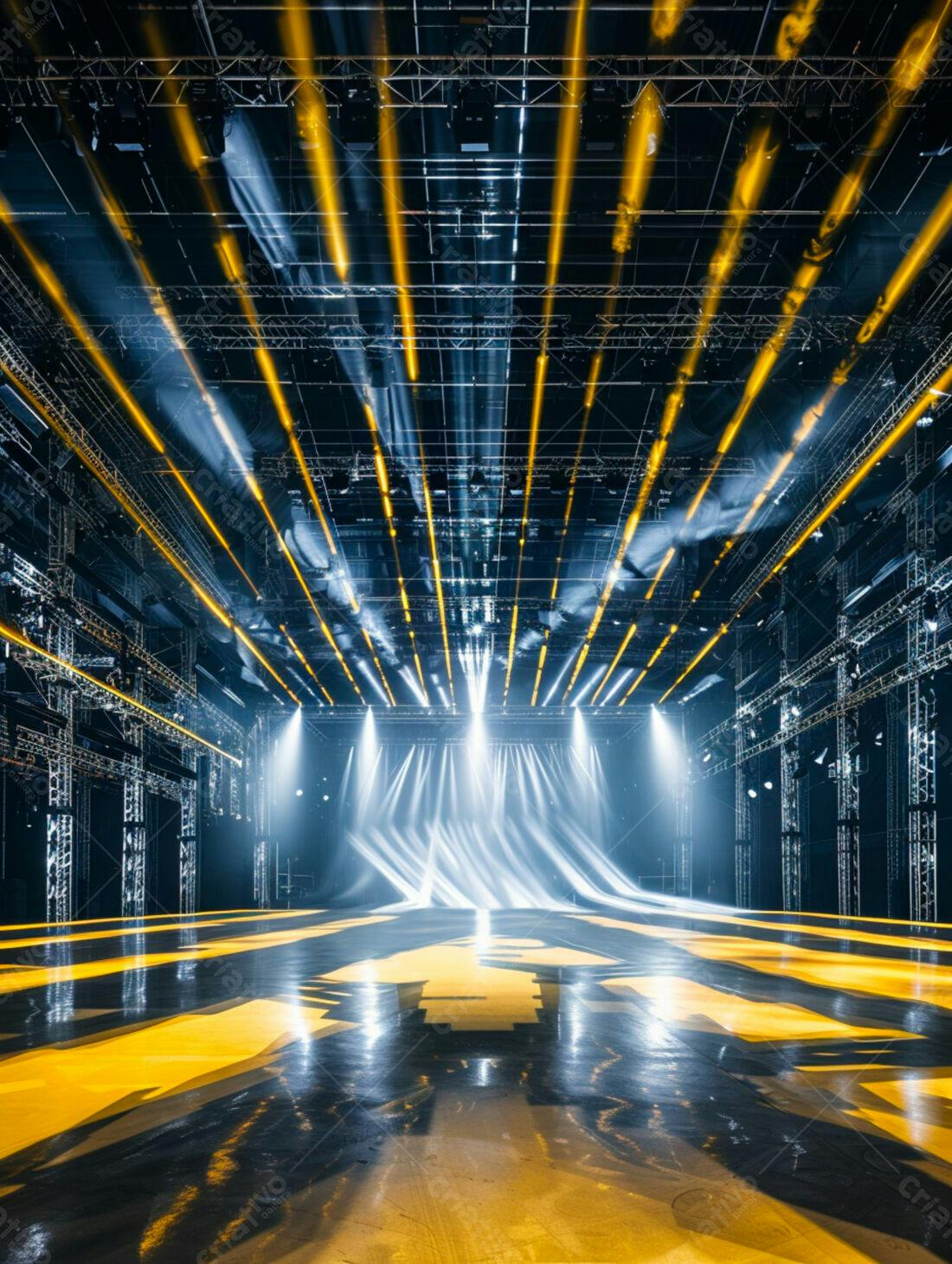 Palco iluminado com luzes amarelas e azuis