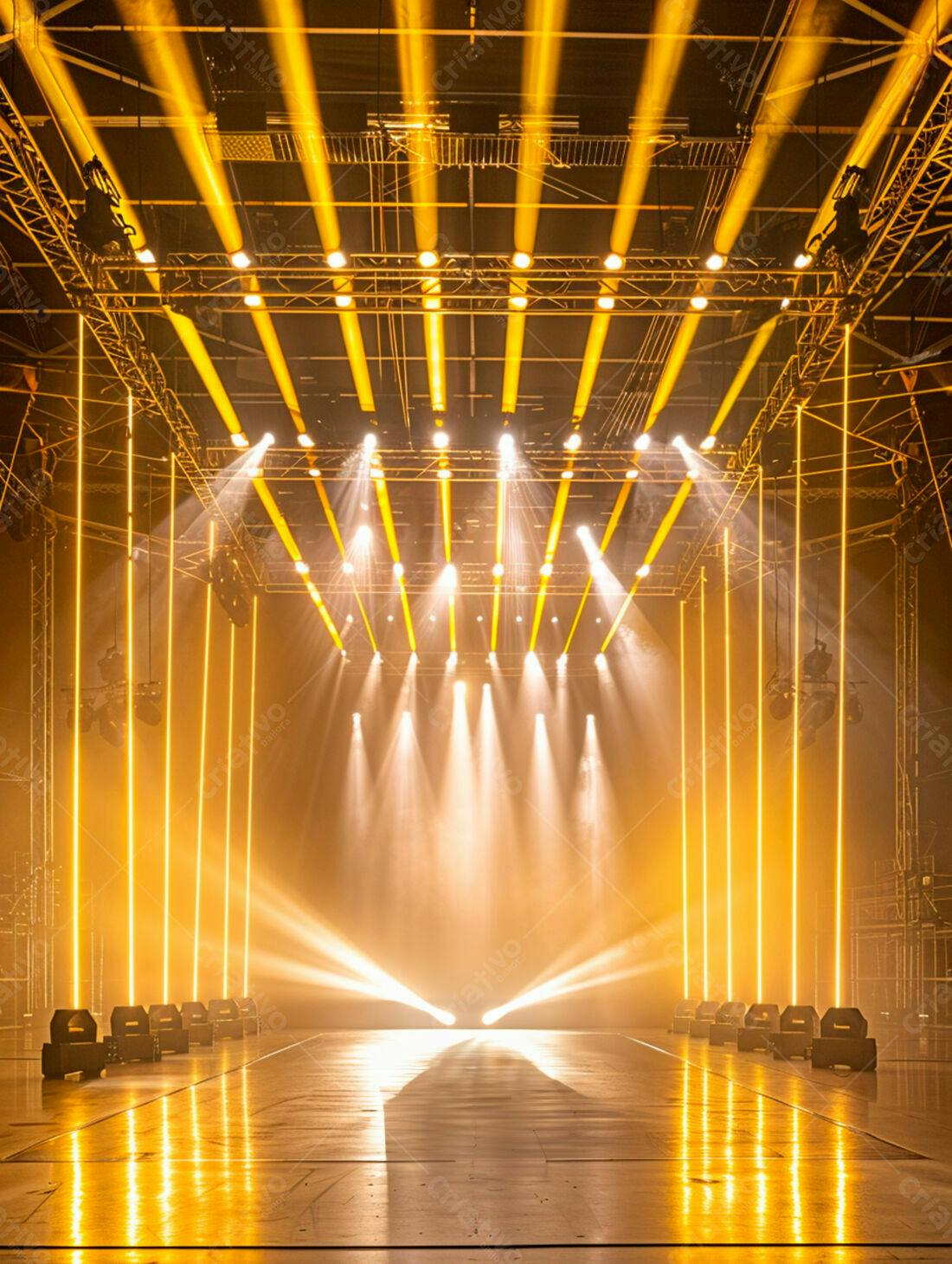 Palco iluminado com luzes amarelas e brancas