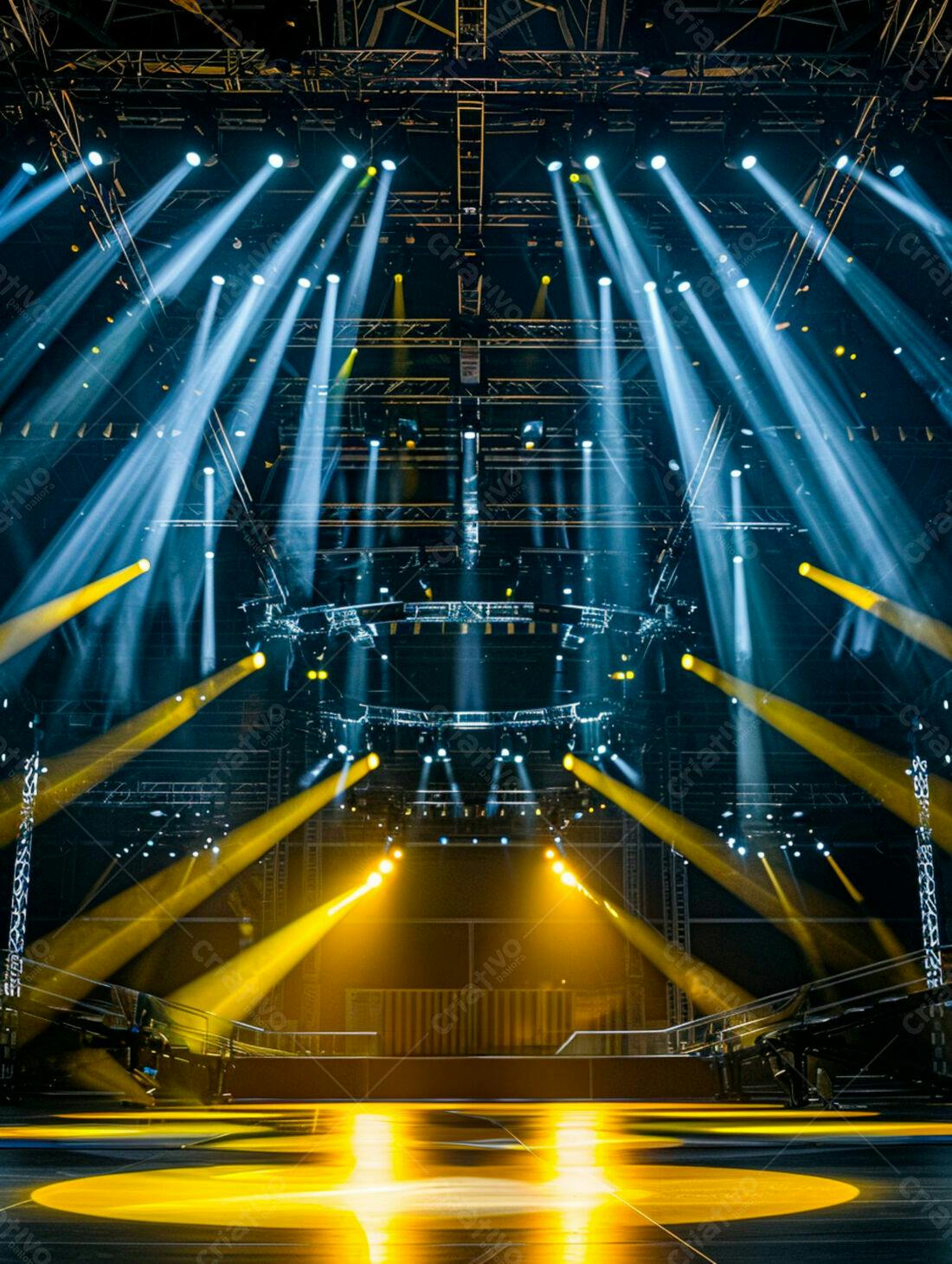 Palco iluminado com luzes azuis e amarelas