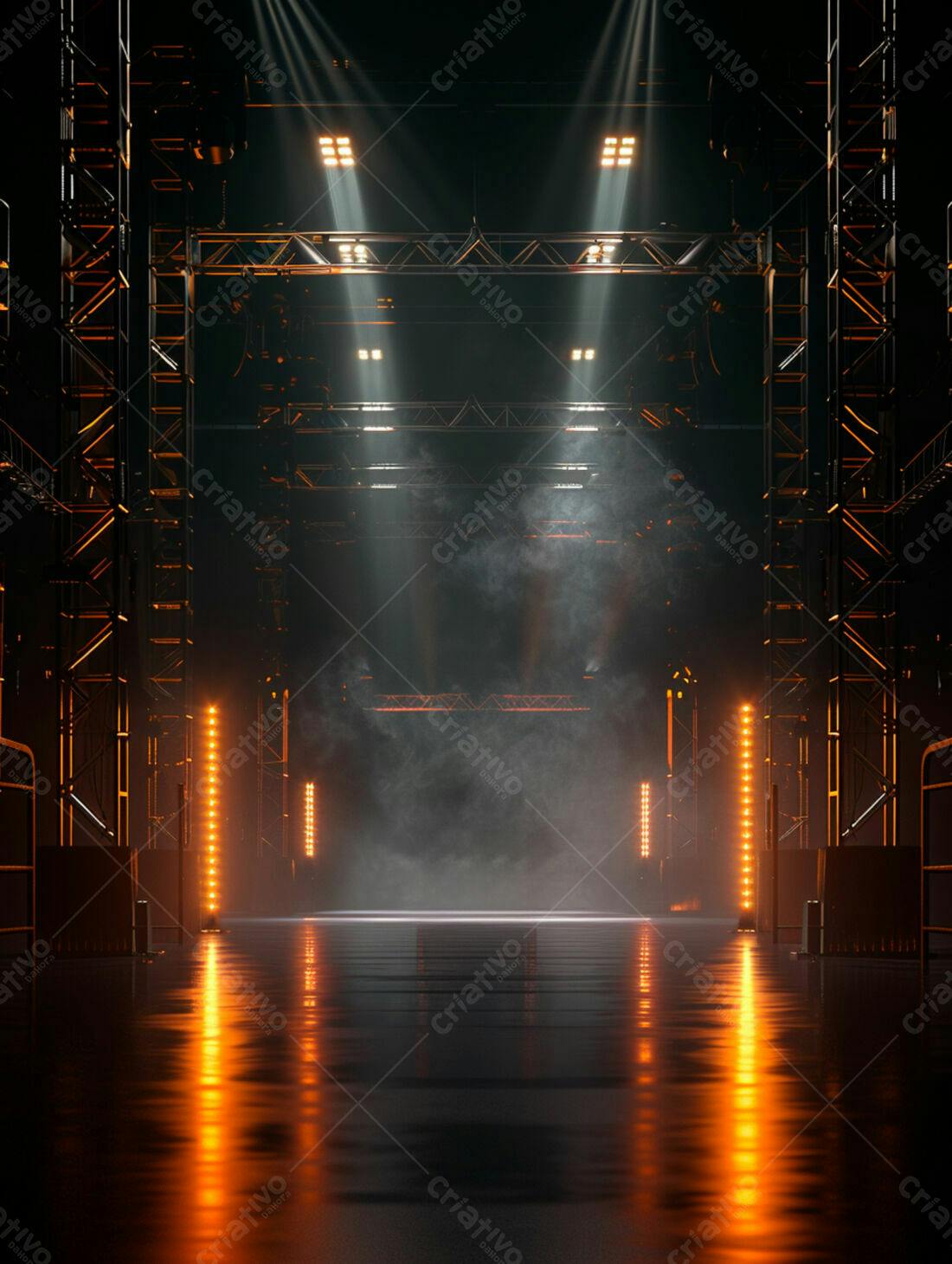 Palco iluminado com estrutura metálica laranja
