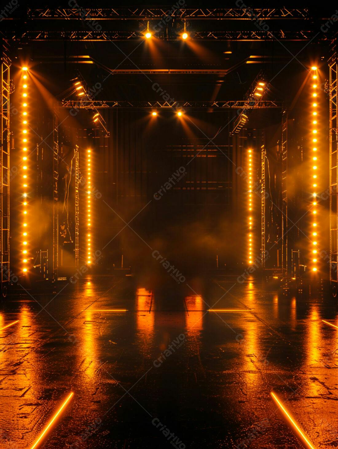 Palco com iluminação laranja e névoa