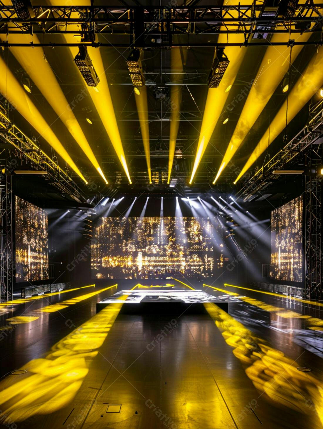Palco iluminado com luzes amarelas e tela de LED