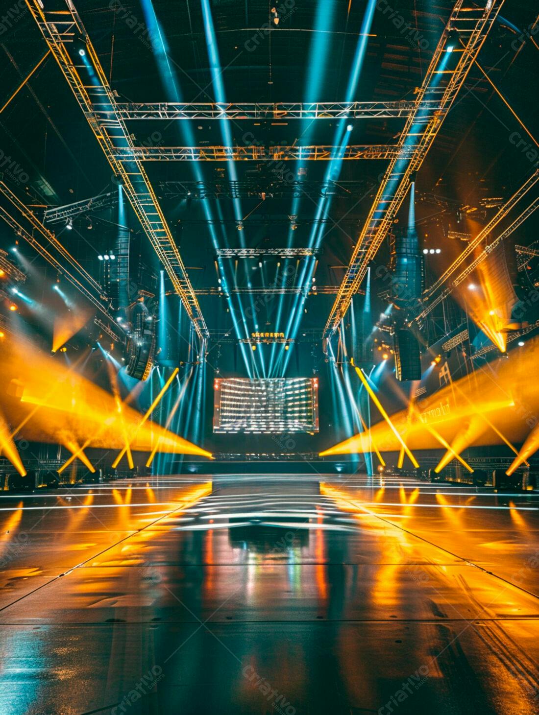Palco iluminado com luzes azuis e amarelas