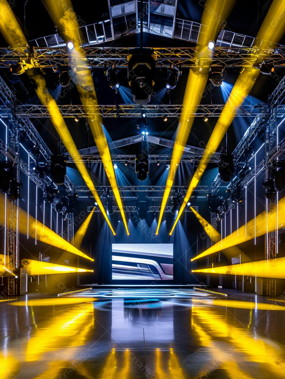 Palco iluminado com luzes amarelas e tela de apresentação