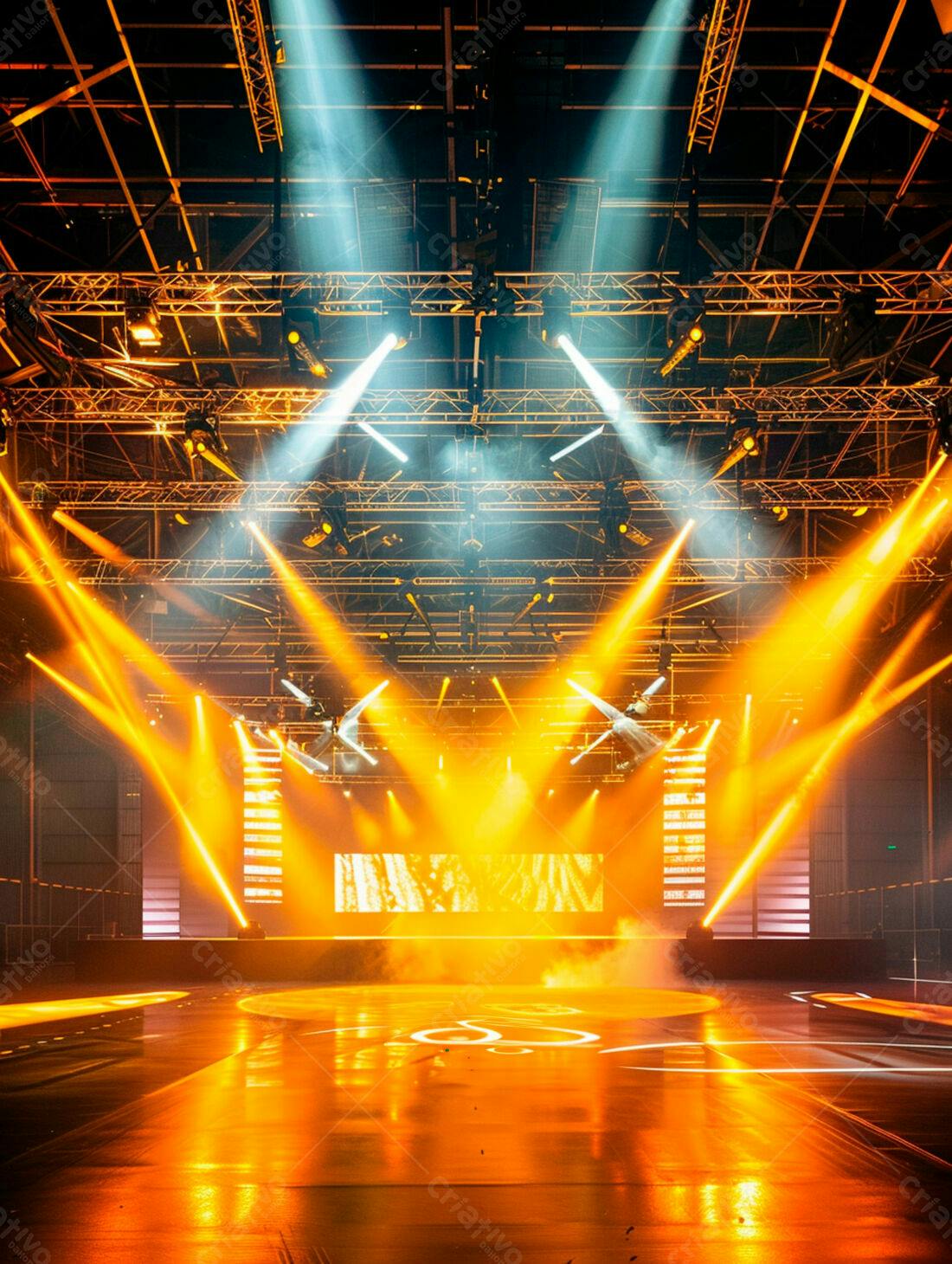 Palco iluminado com luzes laranja e brancas