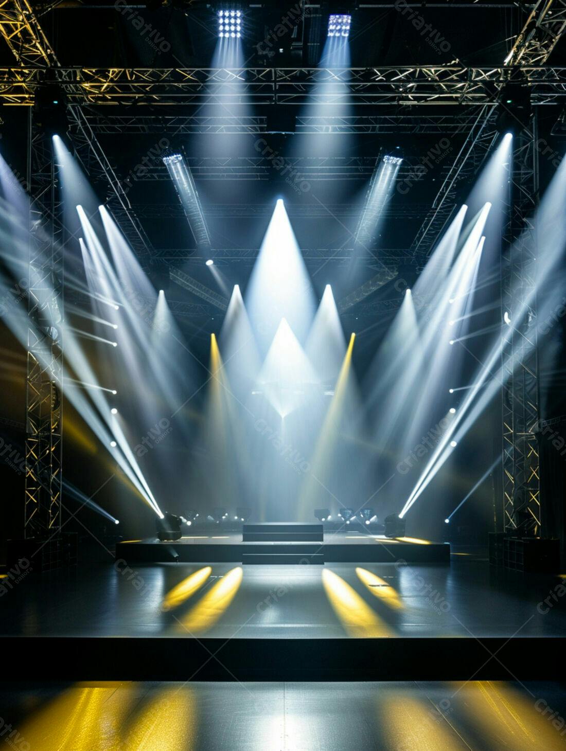 Palco iluminado para show com luzes brancas e amarelas