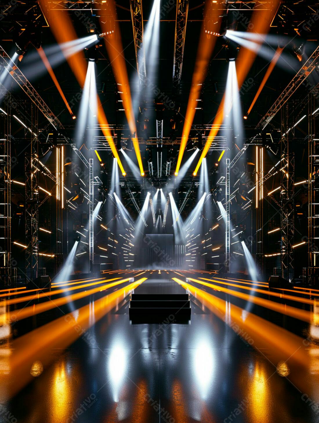 Palco iluminado com luzes laranja e brancas