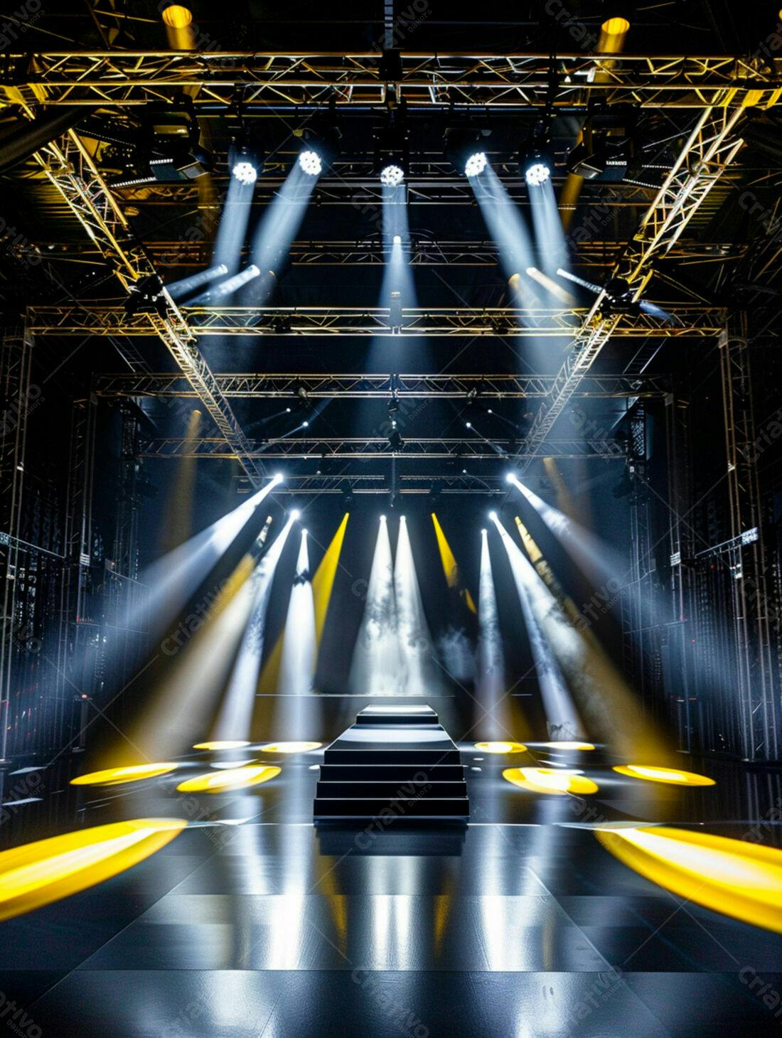 Palco iluminado com luzes amarelas e brancas