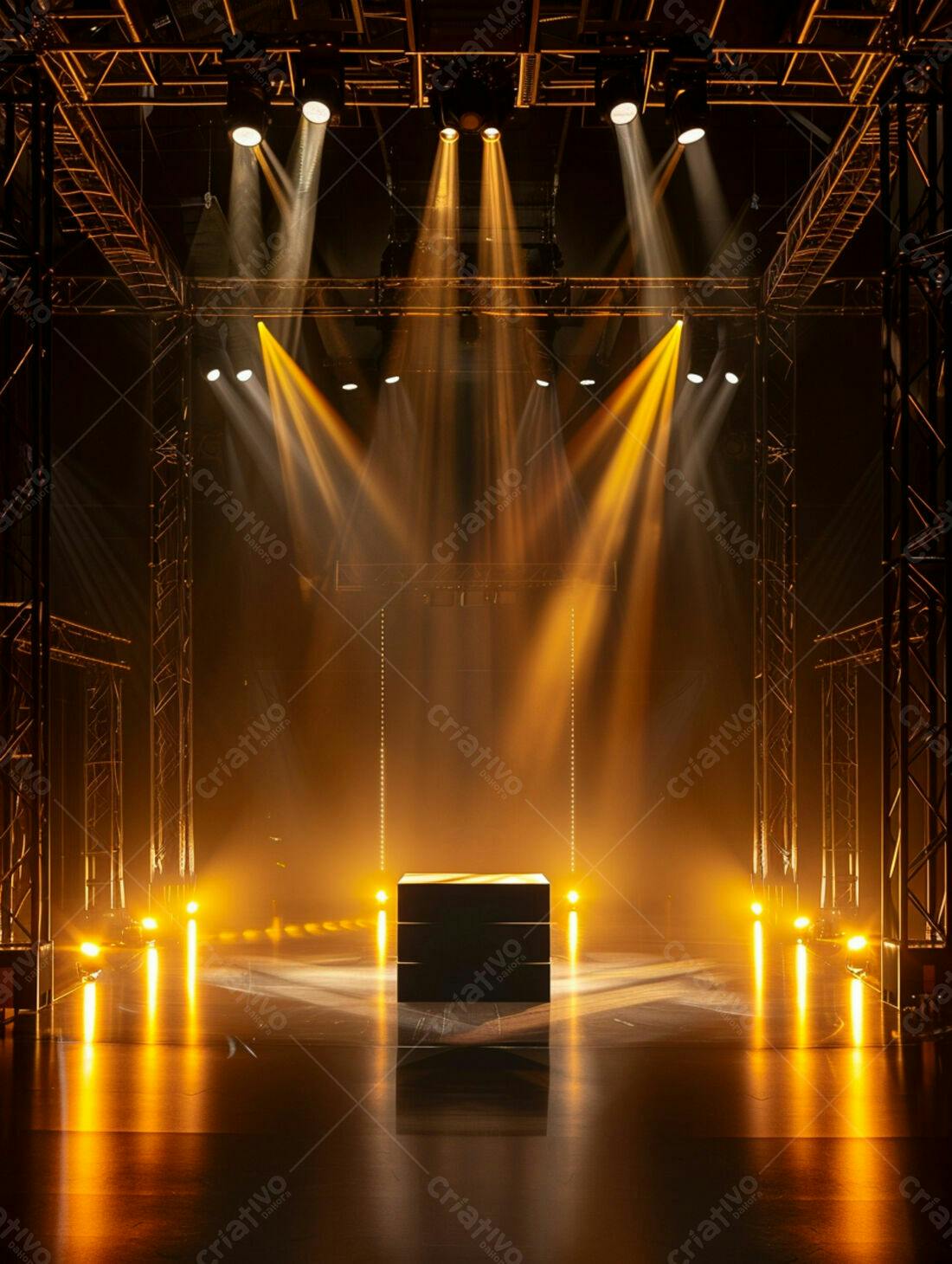 Palco iluminado com cubo preto