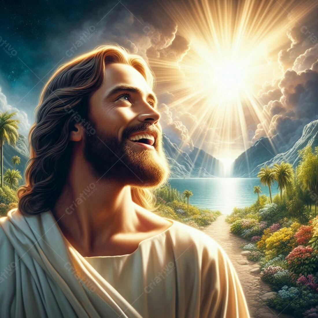 Jesus Cristo alegre paisagem paradisíaca