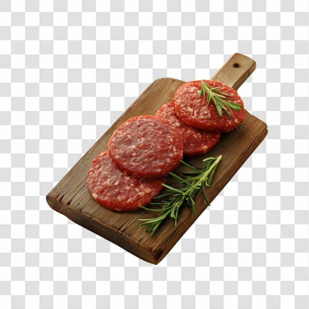 Imagem Açougue   Bife Hamburguer Carne Moida Artesanal Em Cima De Tábua De Madeira E Fundo Transparente  (1)