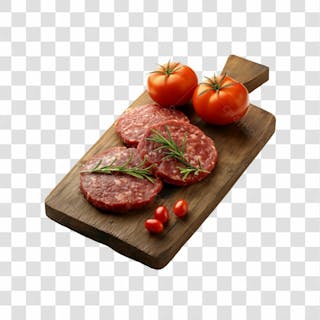 Imagem açougue bife hamburguer carne moida artesanal em cima de tábua de madeira e fundo transparente