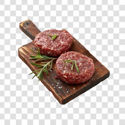 Imagem Açougue   Bife Hamburguer Carne Moida Artesanal Em Cima De Tábua De Madeira E Fundo Transparente  (2)
