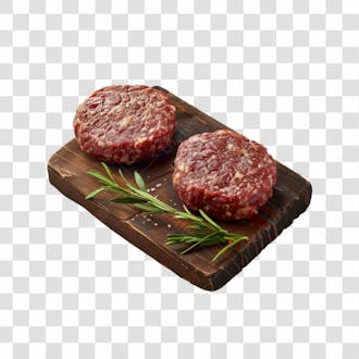 Imagem açougue bife hamburguer carne moida artesanal em cima de tábua de madeira e fundo transparente