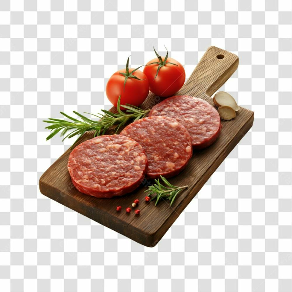 Imagem Açougue   Bife Hamburguer Carne Moida Artesanal Em Cima De Tábua De Madeira E Fundo Transparente  (12)