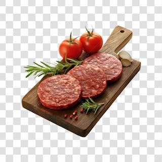 Imagem açougue bife hamburguer carne moida artesanal em cima de tábua de madeira e fundo transparente