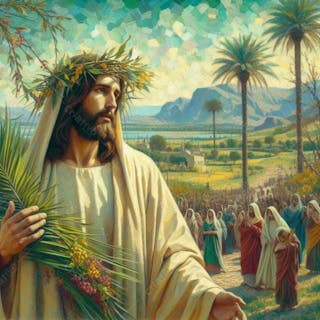 Concepção i.a de jesus cristo, no tema domingo de ramos, em uma vila, no conceito do expressionismo v.3
