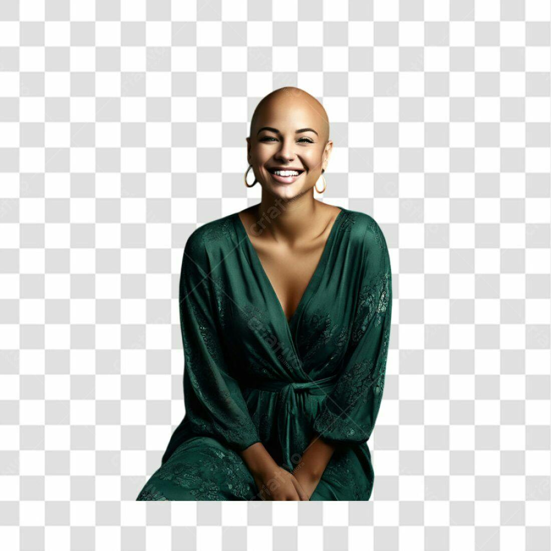 Imagem PNG mulher negra cabelo raspado vestido verde fundo transparente