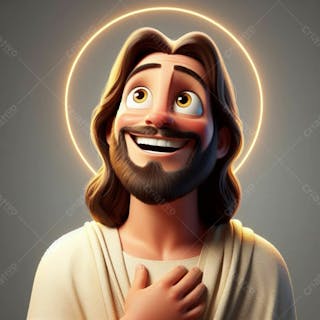 Composição, 3d, de jesus cristo, feliz, no estilo disney pixar, ele está olhando para cima, em um fundo cinza i.a v.1