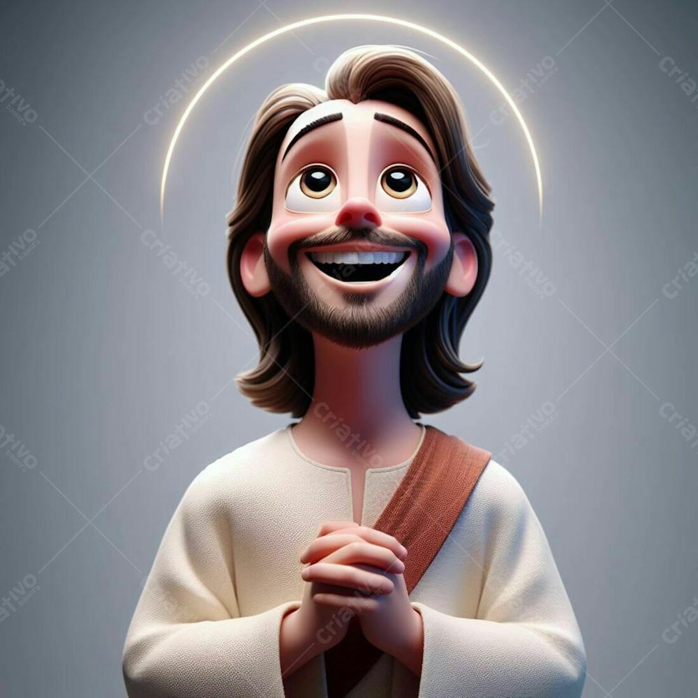 Composição, 3D, De Jesus Cristo, Feliz, No Estilo Disney Pixar, Ele Está Olhando Para Cima,  Em Um Fundo Cinza I.a V.2