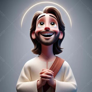 Composição, 3d, de jesus cristo, feliz, no estilo disney pixar, ele está olhando para cima, em um fundo cinza i.a v.2