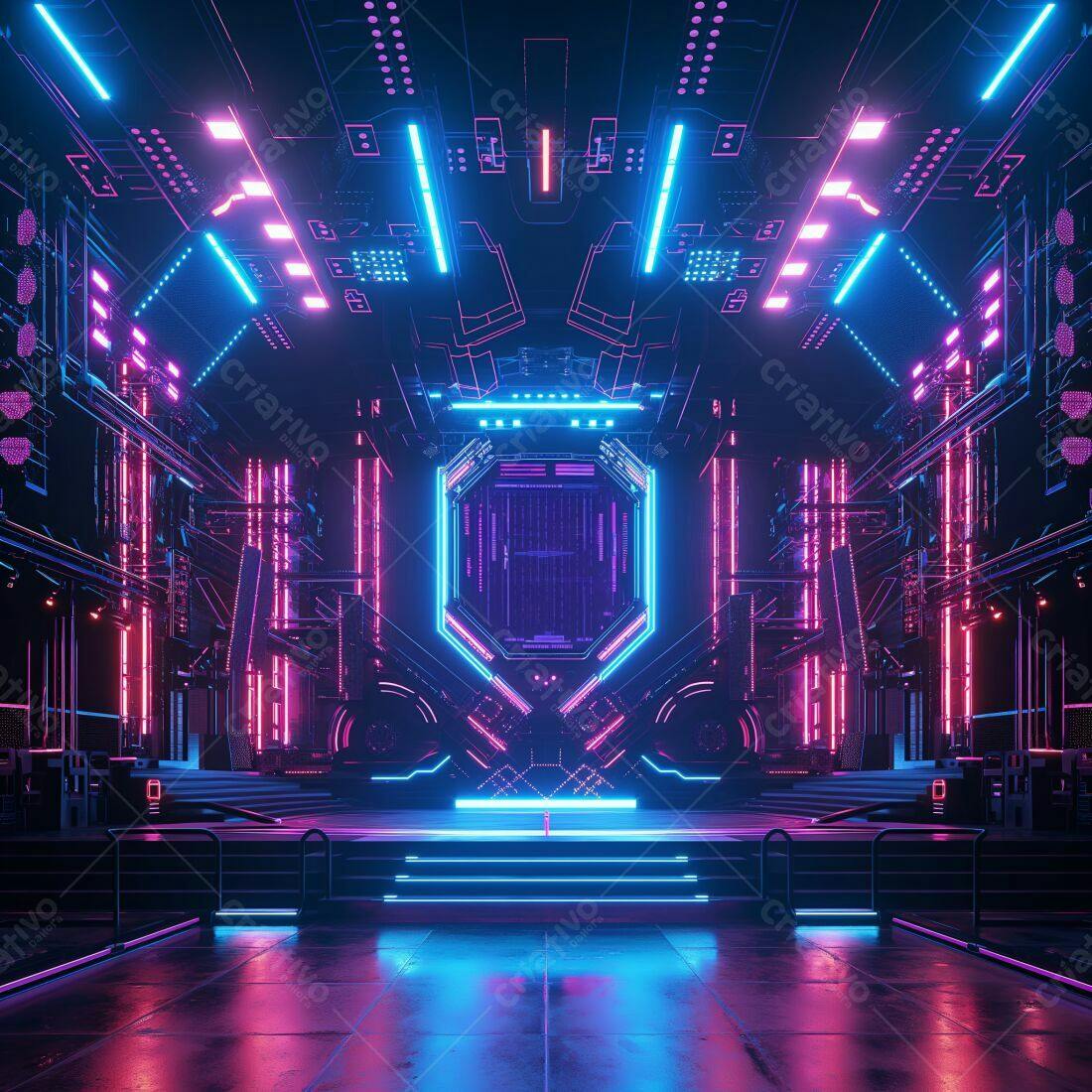 Cenário futurista com iluminação neon rosa e azul