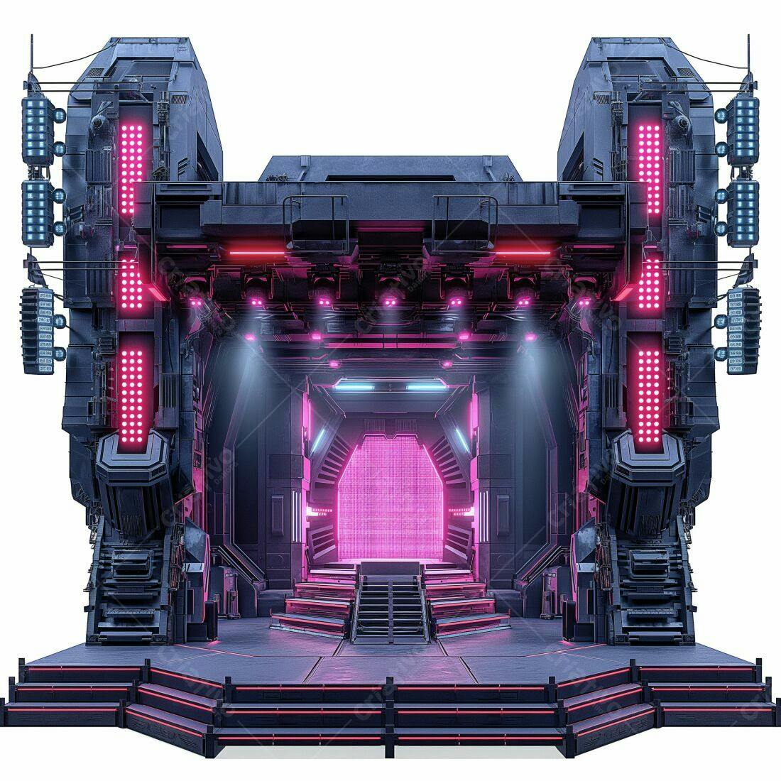 Palco futurista com iluminação rosa e roxa