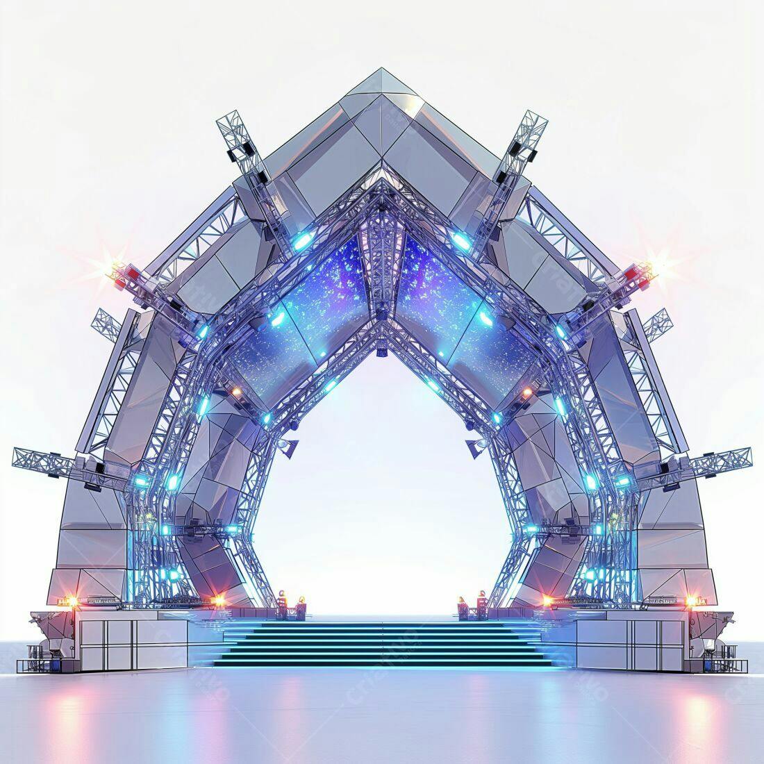 Palco futurista com iluminação azul e prata
