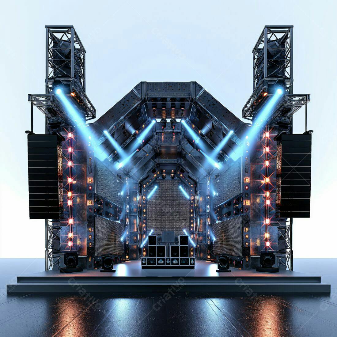 Palco futurista para show com luzes azuis e laranja