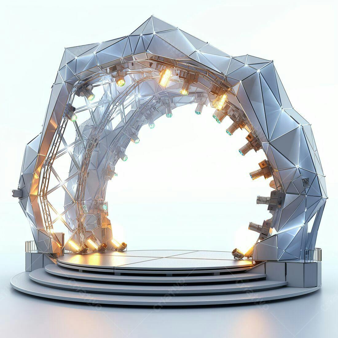 Palco futurista com iluminação dourada