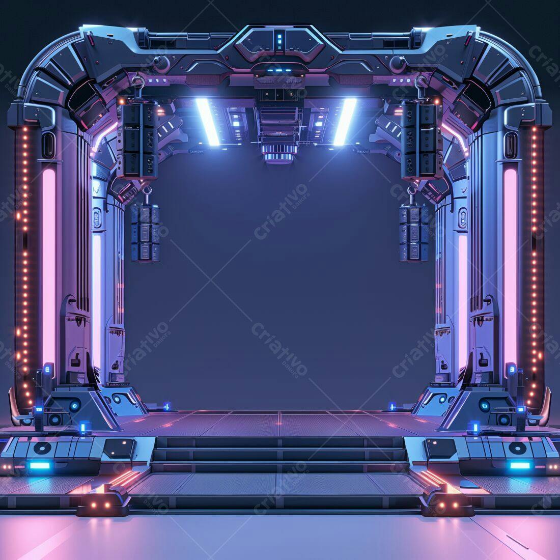 Portal futurista com iluminação neon rosa e azul