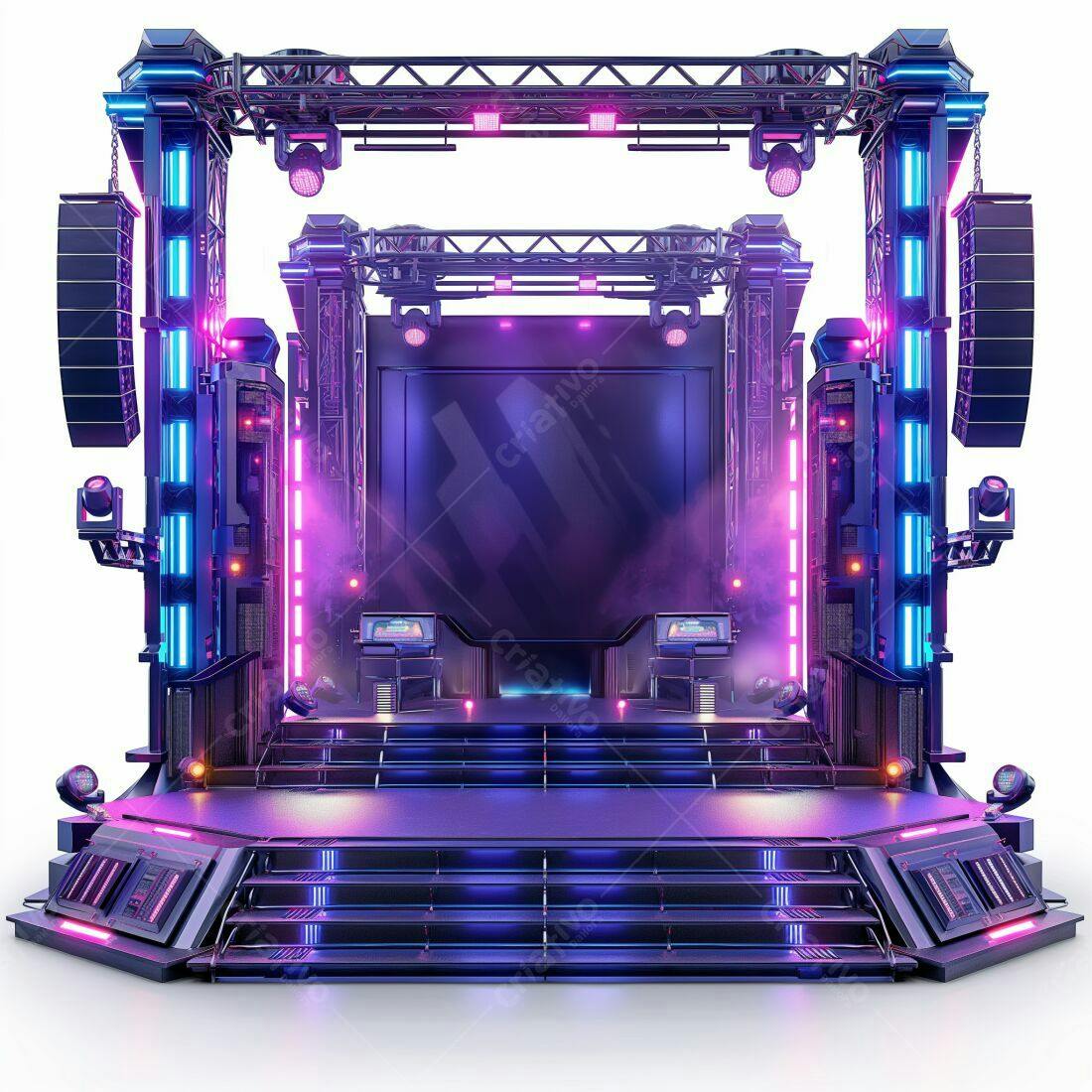 Palco futurista com iluminação neon roxa e azul